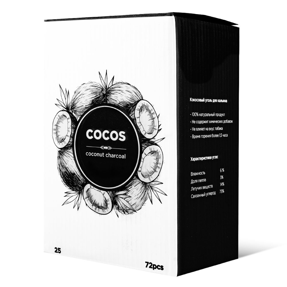 Уголь для кальяна кокосовый Cocos, кубик 25 мм, 1 уп (72 шт)