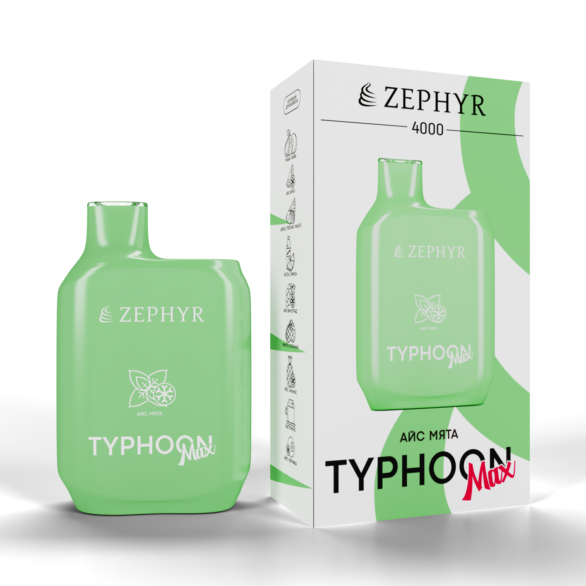 Одноразовая ЭС ZEPHYR Typhoon 4000, Mint Ice, 19 мг/см3, 12 мл (М)
