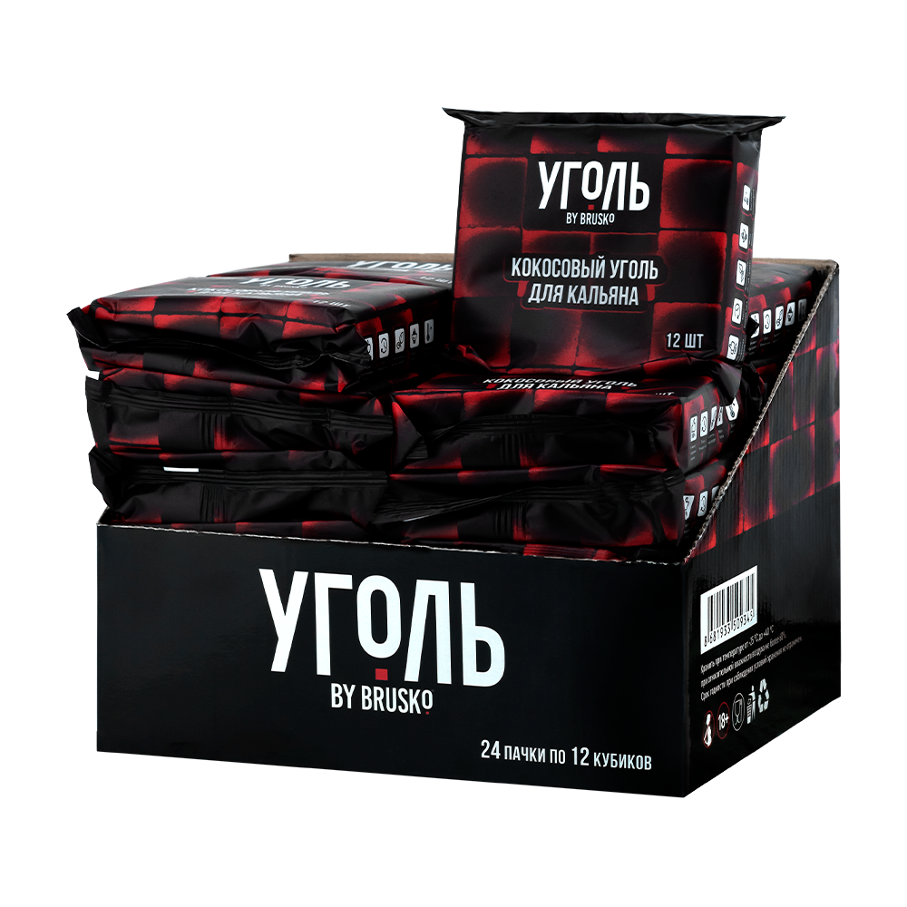 Уголь для кальяна кокосовый BRUSKO, кубик 25 мм, 1 уп (12 шт)